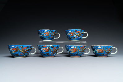 Six Chinese blue-ground cups and saucers with dragons, 19th C.