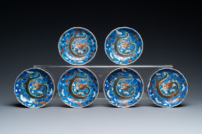 Six Chinese blue-ground cups and saucers with dragons, 19th C.