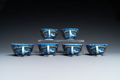 Six Chinese blue-ground cups and saucers with dragons, 19th C.