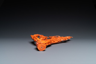 A large Chinese carved red coral group with birds on floral branches, 19/20th C.