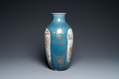 A Chinese famille rose gilt-decorated blue-ground vase, 18/19th C.