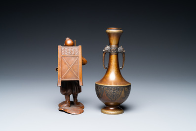 A Japanese bronze okimono and a vase, Meiji, 19th C.