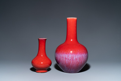 Two Chinese monochrome sang de boeuf-glazed bottle vases, 19th C.