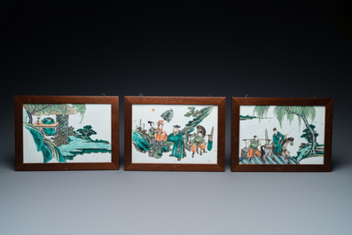 Three rectangular Chinese famille verte plaques, 19th C.