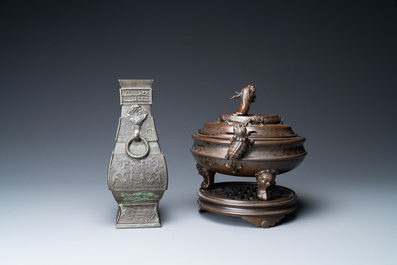 A Chinese silver-inlaid bronze censer and a bronze vase, 19th C.
