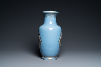 A Chinese famille rose lavender-blue-ground vase, Qianlong mark, Republic