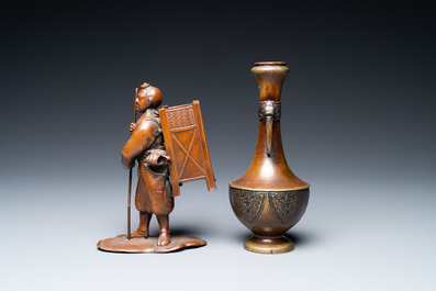 A Japanese bronze okimono and a vase, Meiji, 19th C.