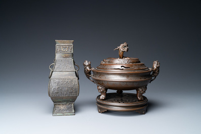 A Chinese silver-inlaid bronze censer and a bronze vase, 19th C.