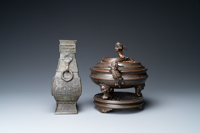 A Chinese silver-inlaid bronze censer and a bronze vase, 19th C.