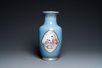 A Chinese famille rose lavender-blue-ground vase, Qianlong mark, Republic