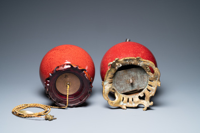 Two Chinese monochrome sang de boeuf-glazed bottle vases transformed into lamps, 19th C.