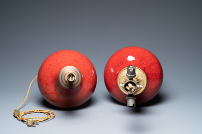 Two Chinese monochrome sang de boeuf-glazed bottle vases transformed into lamps, 19th C.