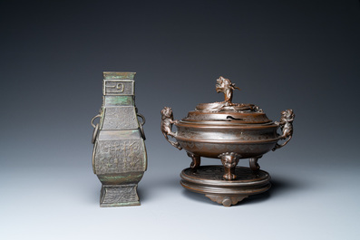 A Chinese silver-inlaid bronze censer and a bronze vase, 19th C.
