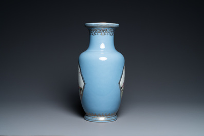 A Chinese famille rose lavender-blue-ground vase, Qianlong mark, Republic