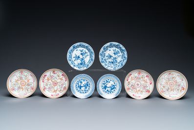 Eight Chinese blue and white and famille rose cups and saucers and an Imari-style teapot, Kangxi/Qianlong