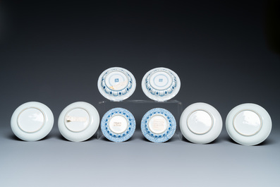 Eight Chinese blue and white and famille rose cups and saucers and an Imari-style teapot, Kangxi/Qianlong