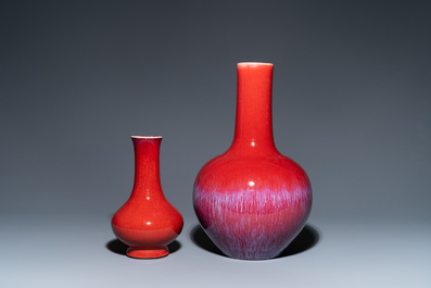 Two Chinese monochrome sang de boeuf-glazed bottle vases, 19th C.