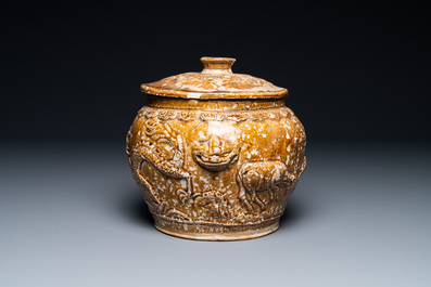 A Vietnamese brown-glazed 'dragon and deer' bowl and cover, 15/16th C.