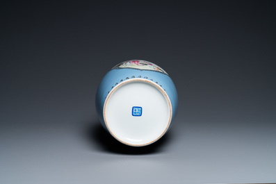 A Chinese famille rose lavender-blue-ground vase, Qianlong mark, Republic