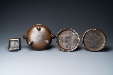 A Chinese silver-inlaid bronze censer and a bronze vase, 19th C.