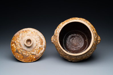 A Vietnamese brown-glazed 'dragon and deer' bowl and cover, 15/16th C.