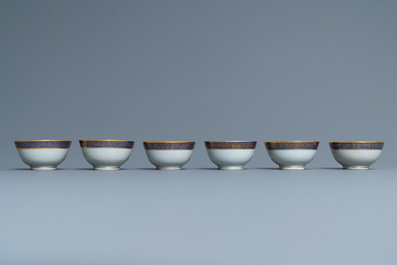 Six rare Chinese monogrammed gilt-ground cups and saucers, Yongzheng/Qianlong