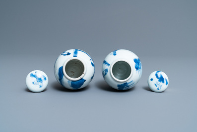 Two Chinese blue and white tea caddies and covers, Kangxi