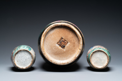 Three Chinese Nanking famille rose crackle-glazed vases, 19th C.