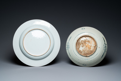 Three Chinese blue and white dishes and one famille verte dish, Ming, Kangxi and Qianlong