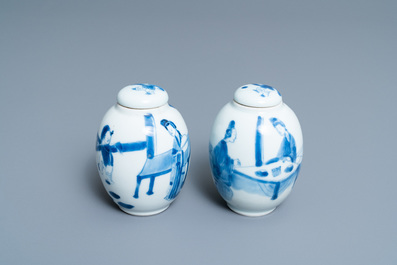 Two Chinese blue and white tea caddies and covers, Kangxi