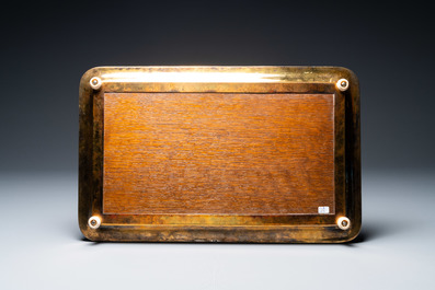 Three Chinese qianjiang cai plaques in a 'Wolfers' gilded silver tray, Republic