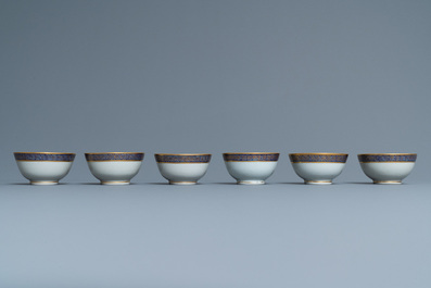 Six rare Chinese monogrammed gilt-ground cups and saucers, Yongzheng/Qianlong