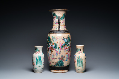 Three Chinese Nanking famille rose crackle-glazed vases, 19th C.