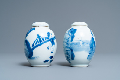 Two Chinese blue and white tea caddies and covers, Kangxi