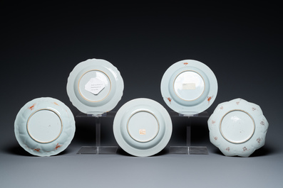 Five Chinese famille rose and iron-red and gilt dishes, Kangxi/Qianlong