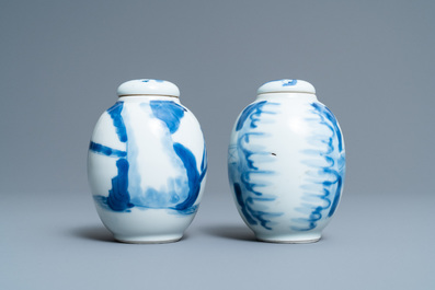 Two Chinese blue and white tea caddies and covers, Kangxi