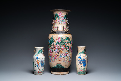 Three Chinese Nanking famille rose crackle-glazed vases, 19th C.