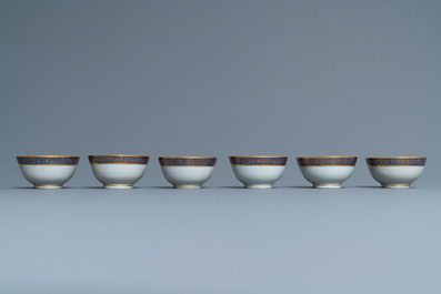Six rare Chinese monogrammed gilt-ground cups and saucers, Yongzheng/Qianlong