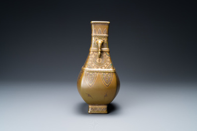 A Chinese monochrome teadust-glazed vase overdecorated in silver and gilt, Qianlong mark, Republic