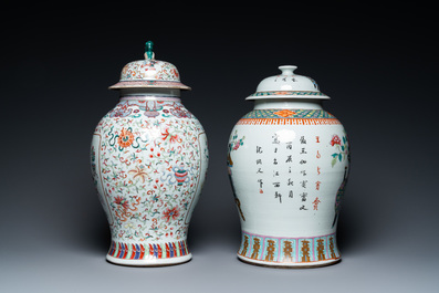 Two Chinese famille rose vases and covers, 19th C.