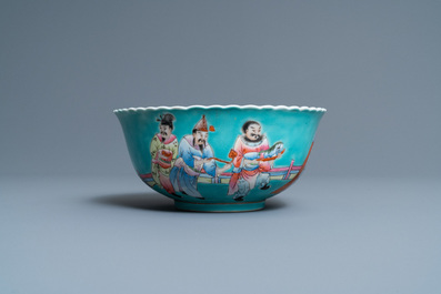 A Chinese famille rose turquoise-ground bowl, Qianlong mark, Republic