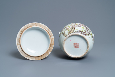 A Chinese famille rose 'kamcheng' bowl and cover with prunus flowers, Jiaqing mark, 19th C.