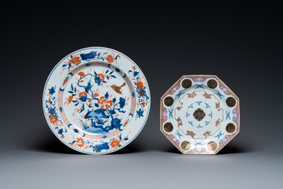A Chinese Imari-style dish and an octagonal famille rose dish, Kangxi/Qianlong