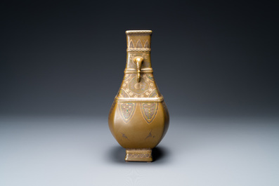 A Chinese monochrome teadust-glazed vase overdecorated in silver and gilt, Qianlong mark, Republic