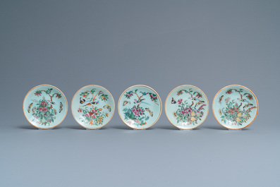 Ten Chinese Canton famille rose celadon-ground plates, 19th C.