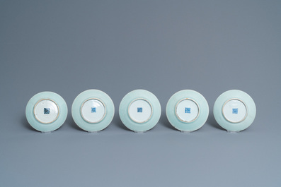Ten Chinese Canton famille rose celadon-ground plates, 19th C.