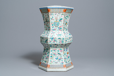 A Chinese hexagonal famille rose garden seat, 19th C.