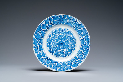 Three Chinese blue and white dishes and two bowls, Kangxi and later