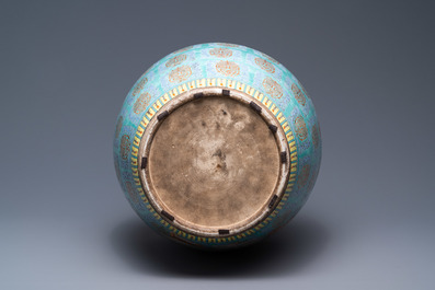 A fine Chinese turquoise-ground famille rose 'Shou' vase with immortals, Qianlong