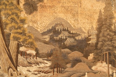Drie grote Japanse geborduurde zijden panelen, Meiji, 19e eeuw